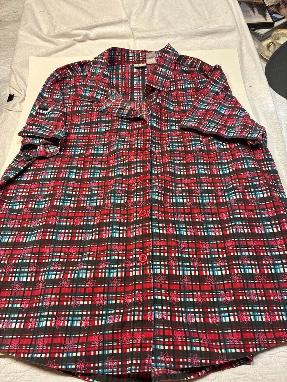 Adrian Delafield Red Black Plaid Floral Print Short Sleeve Button Front Shirt